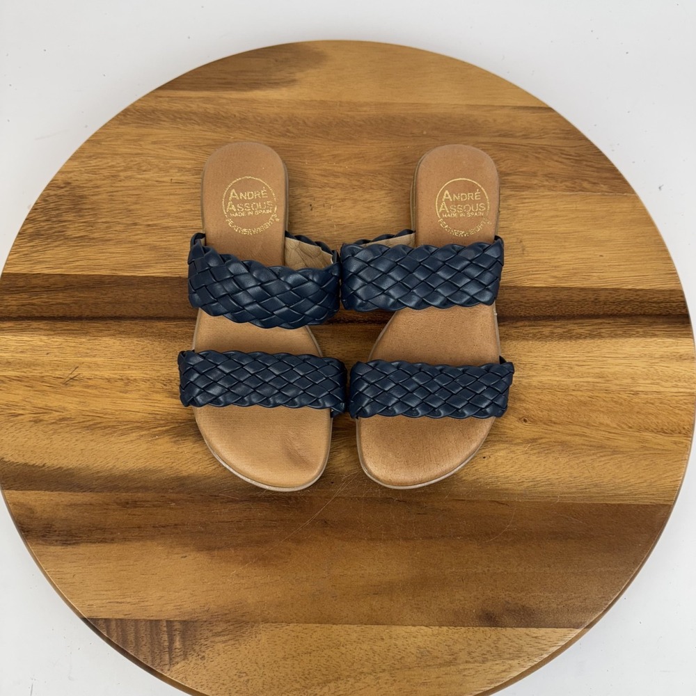 New Womens Andre Assous Naira Linen Featherweights Blue Slide Sandals Size 5 M
